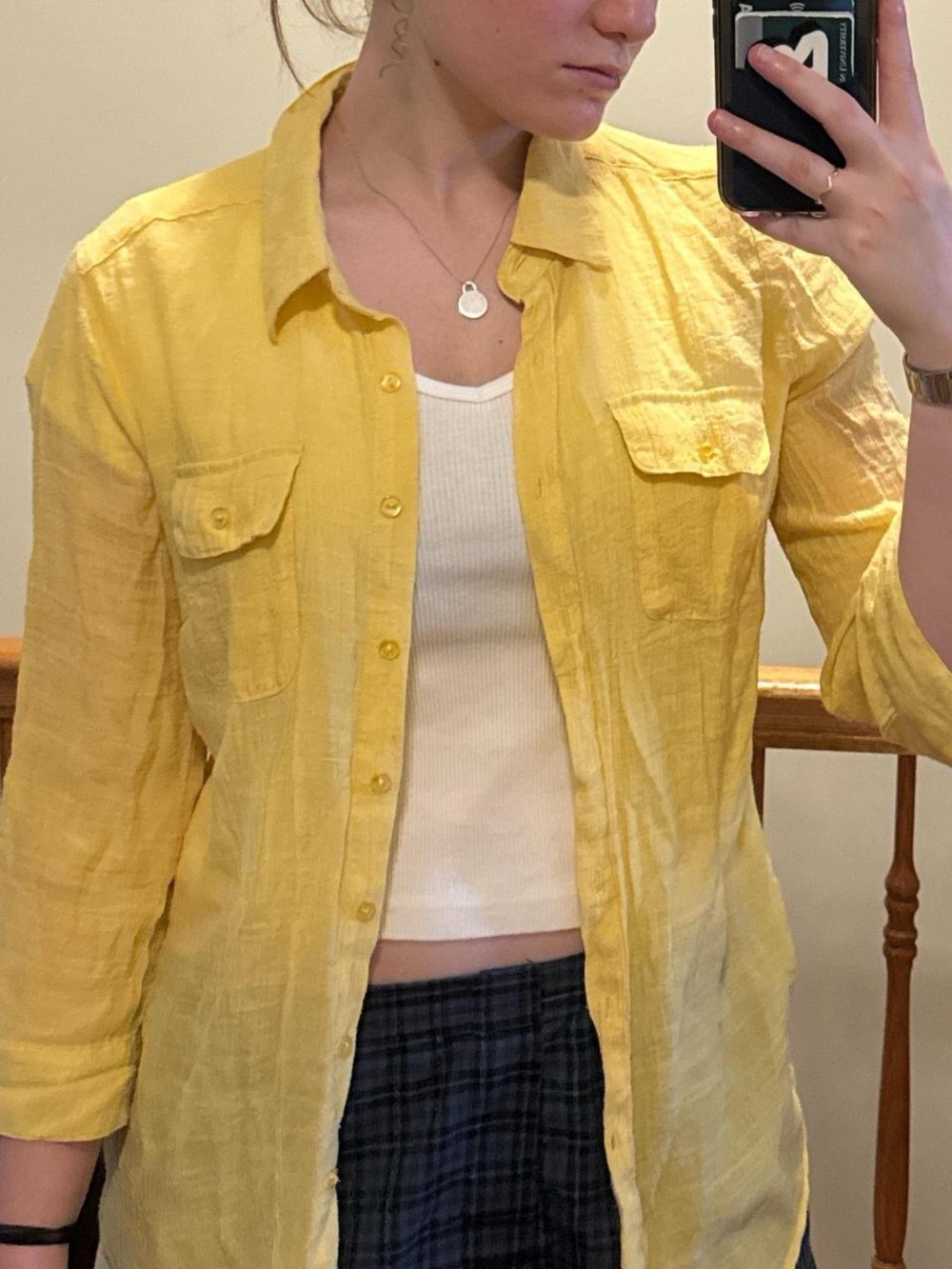 vintage butter yellow sheer button down 3/4 sleeve top